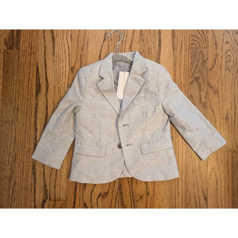 Janie and Jack Boys 2T 3-Piece Suit Set Grey Blazer Pants Cap Outfit Linen Blend